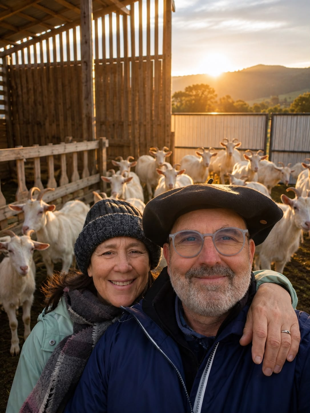 Nicole y Rafael junto a su rebaño de cabras
