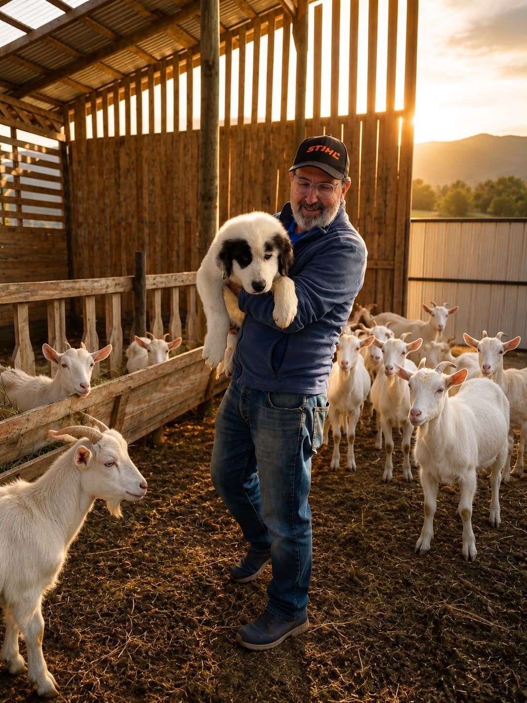 Rafael, Peluso y las cabras en el corral de Rainihue